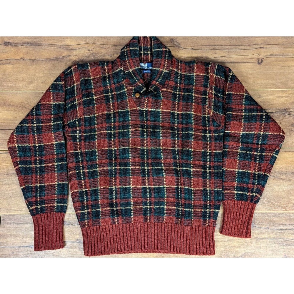 Vintage 80s Ralph Lauren Polo Plaid Wool Shawl Collar Sweater Medium